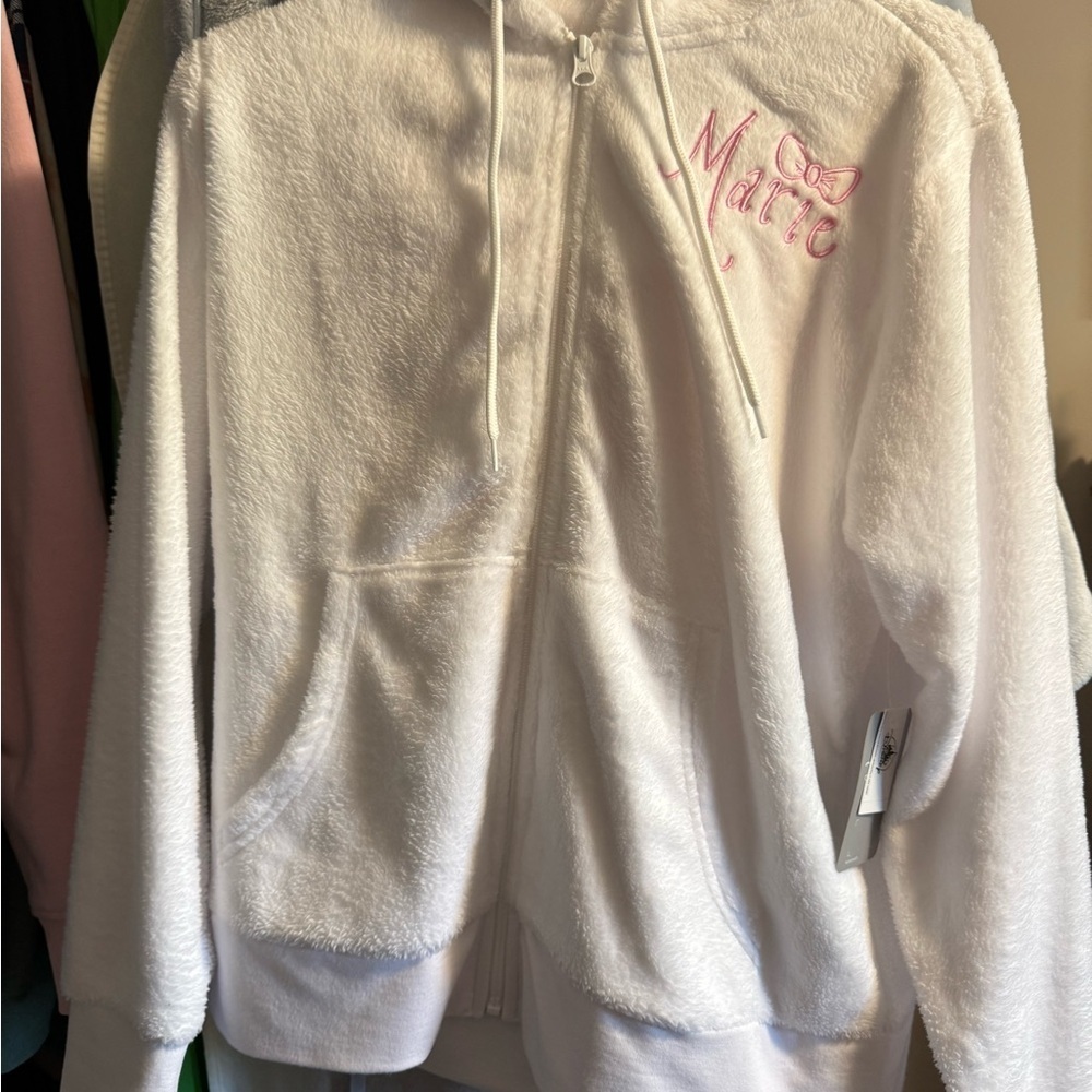 Disney Marie Cat White Fuzzy Hoodie with Pink Embroidery